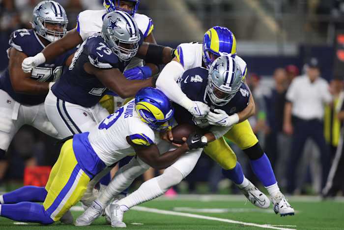 Dallas Cowboys quarterback Dak Prescott is sacked by Los Angeles Rams. Mandatory Credit: Tim Heitman-USA TODAY Sports